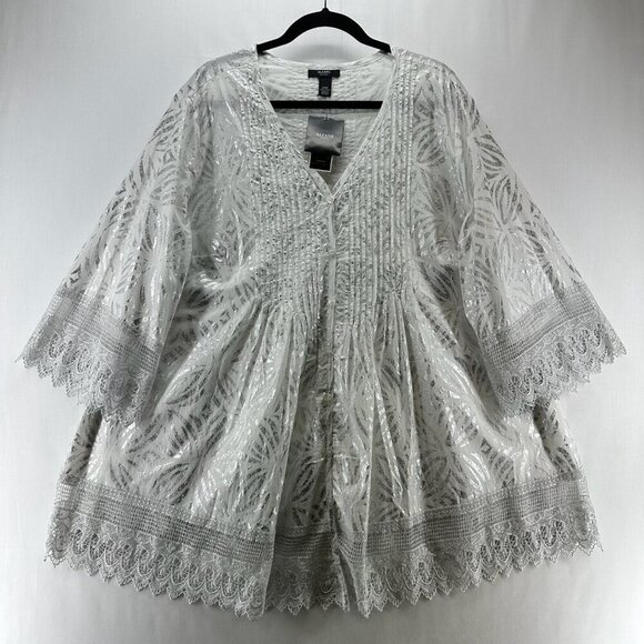 Alfani Tops - Alfani Tunic Top Women 24W Button Up Lace Trim Long Sleeve V-Neck Pintuck Silver